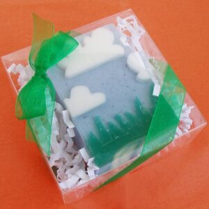 Handmade soap bar in clear packaging with green ribbon
