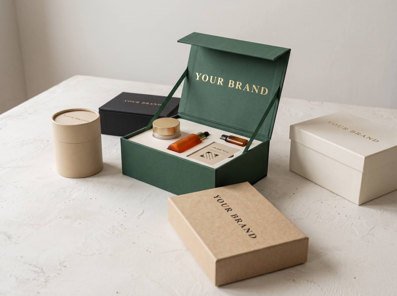 Custom printed rigid box with branded products and a fitted insert