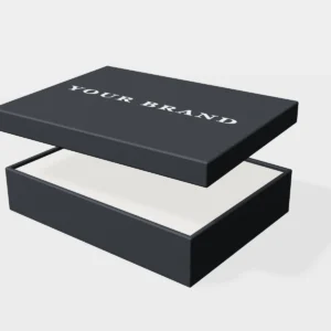 3D render of a large charcoal lid and base apparel box with a white logo