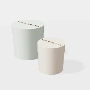 3D render of a round rigid candle tube box with a foil logo on the lid