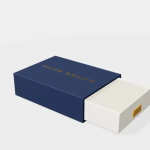 3D render of a navy rigid drawer box with the tray slid open