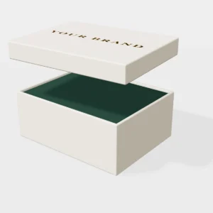 3D render of a cream lid and base rigid box with a gold foil logo