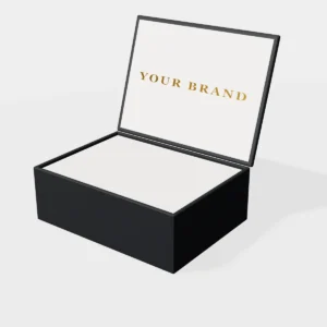 3D render of a black magnetic closure rigid box with a gold foil logo inside the lid
