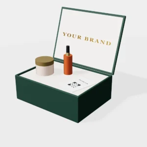 3D render of a PR kit: green magnetic rigid box with a skincare jar, serum bottle and welcome card in a custom insert