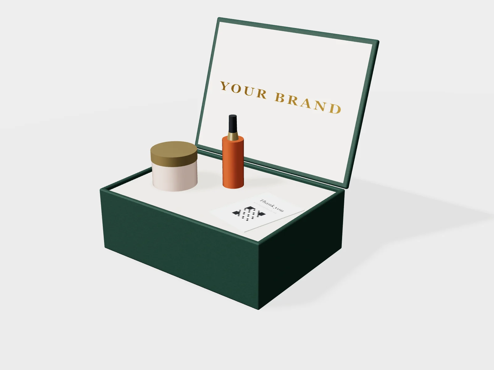 Green rigid box holding a skincare jar and serum bottle in a fitted insert